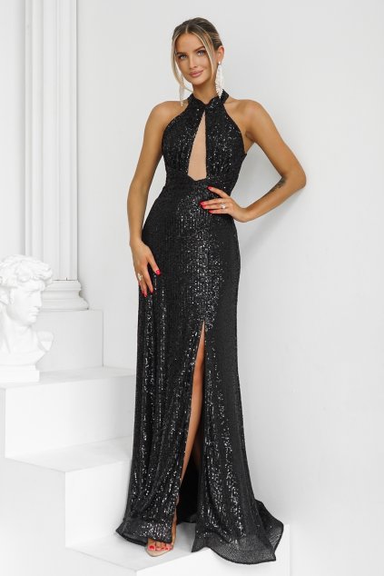 Čierne flitrované šaty s rozparkom (Méret L)