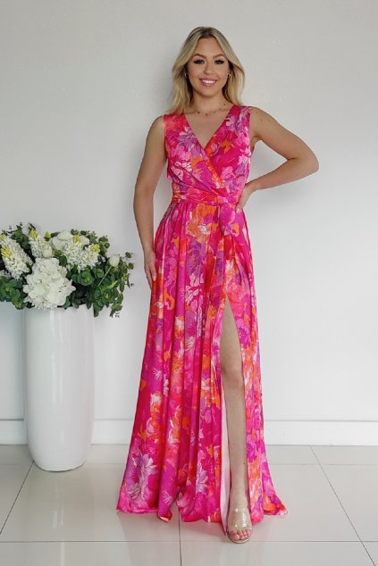 Ružovo-oranžové kvetinové šaty s rozparkom (Méret L)