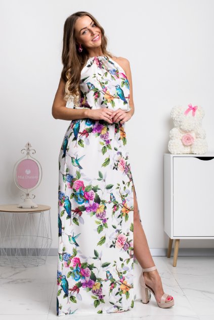 Smotanové kvetinové šaty s rozparkom (Méret L)