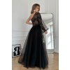 Čierno-hnedé tylové šaty s krajkou (Méret L)