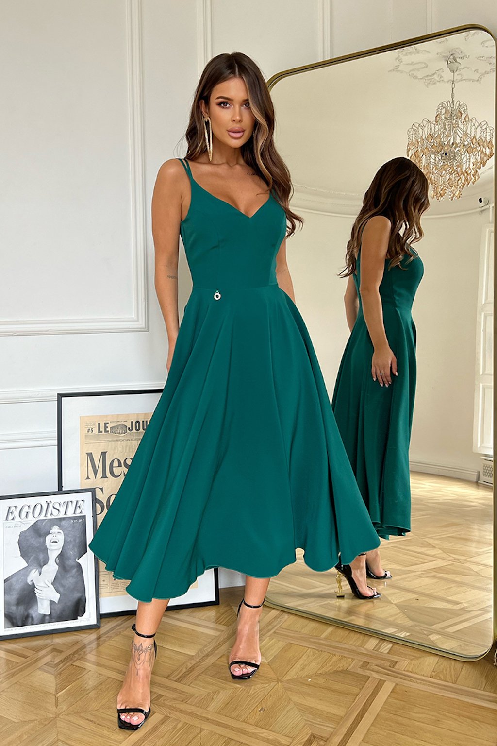 Smaragdové midi šaty na ramienka - Mia Dresses