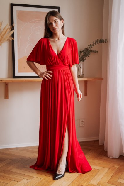 Červené dlhé spoločenské šaty s voľnými rukávmi