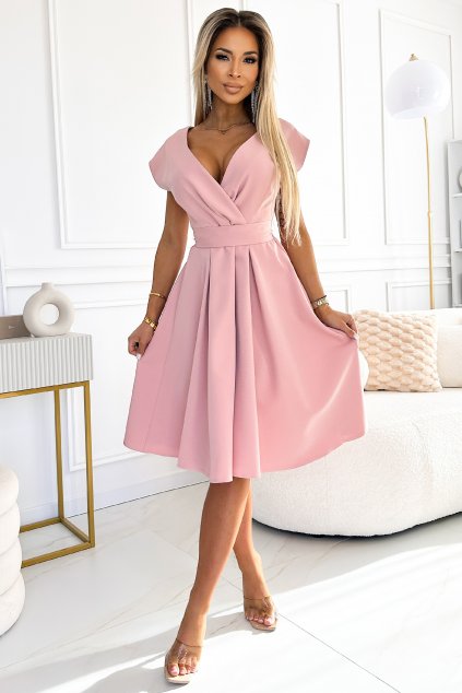 Svetloružové midi šaty s áčkovou sukňou