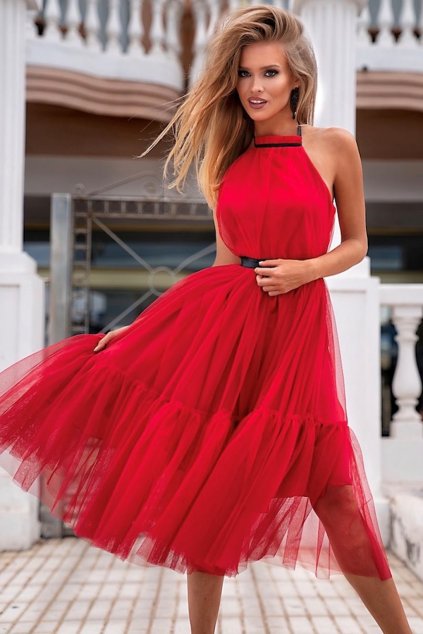 Červené tylové midi šaty