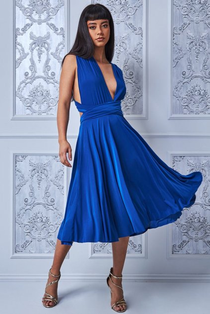 Modré midi šaty na viazanie