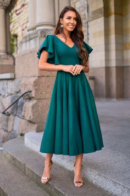 Smaragdové midi šaty s volánovými rukávmi