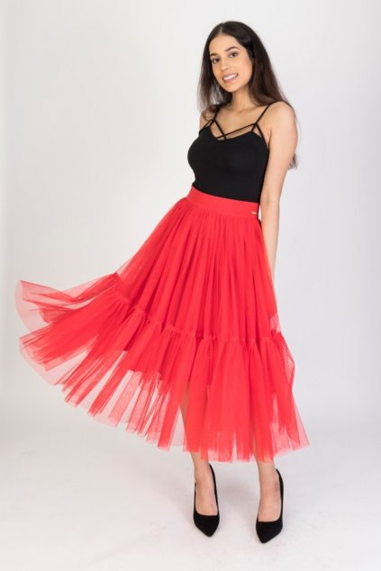 Červená tylová midi sukňa