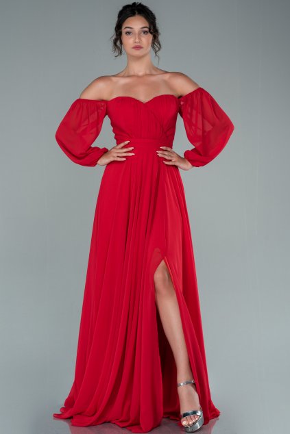 Červené spoločenské šaty spustené na ramená