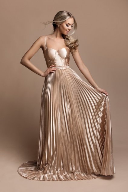Zlaté spoločenské šaty s plisovanou sukňou
