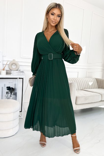 Smaragdové midi šaty so skladanou sukňou