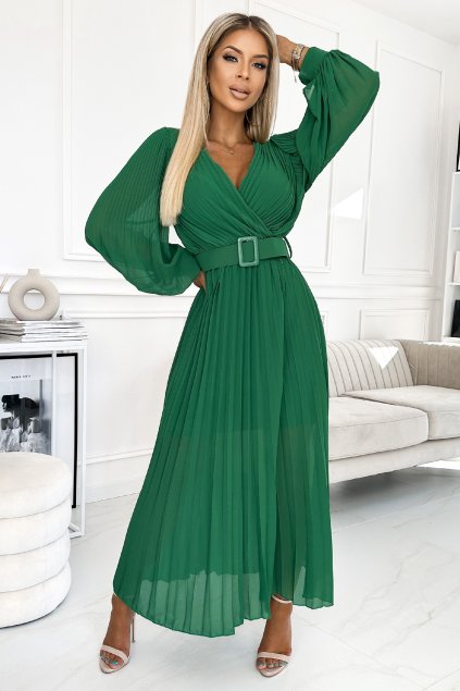 Zelené midi šaty so skladanou sukňou