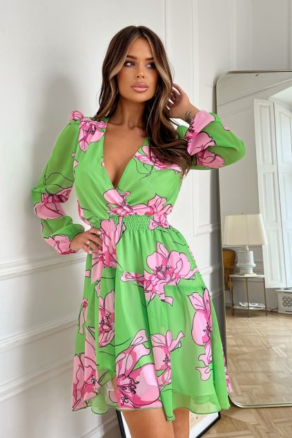 Zelené krátke kvetinové šaty s dlhými rukávmi