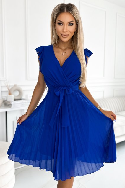 Modré midi šaty s volánikovými rukávmi