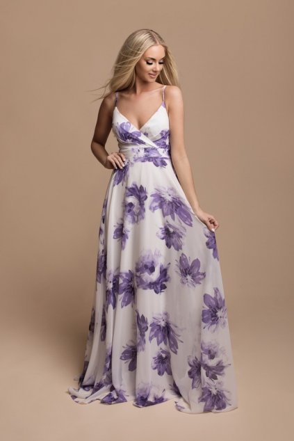 Bielo-fialové kvetinové šaty na ramienka