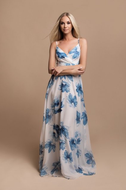Bielo-modré kvetinové šaty na ramienka
