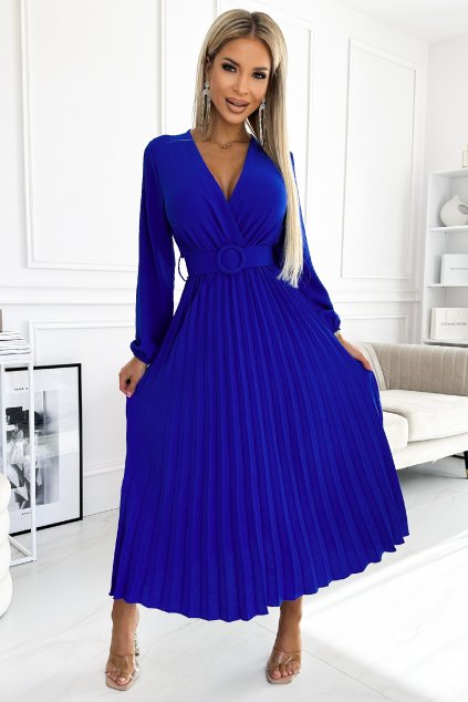 Modré midi šaty s plisovanou sukňou