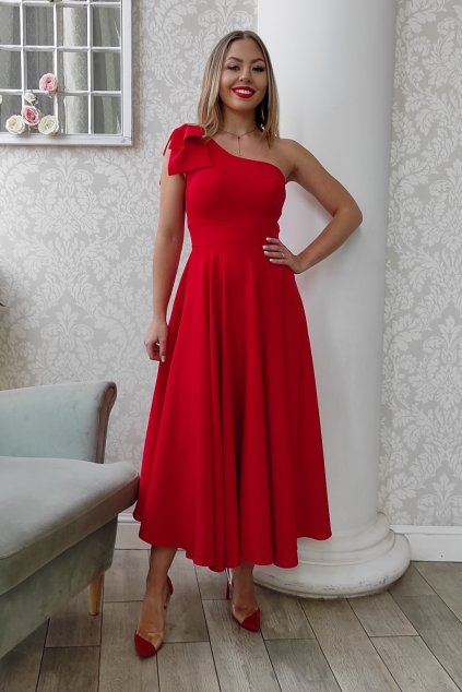 Červené midi šaty s mašľou