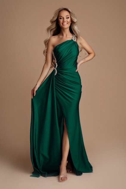 Poškodený tovar - Smaragdové priliehavé šaty so striebornou aplikáciou