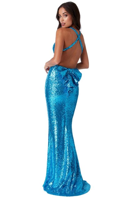 Poškodený tovar - Tyrkysové spoločenské šaty s mašľou