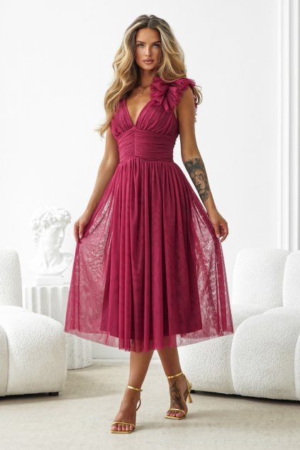 Bordové tylové midi šaty