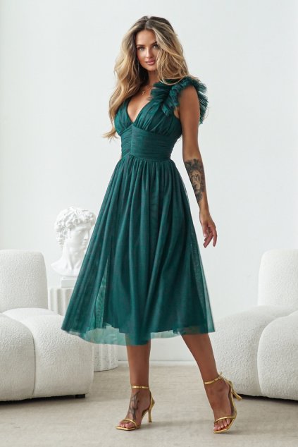 Smaragdové tylové midi šaty