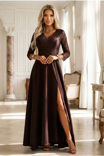Hnedé spoločenské šaty s čipkou
