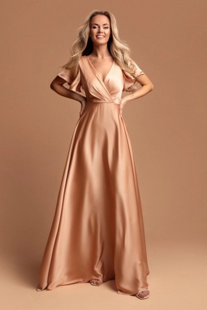 Poškodený tovar - Zlaté saténové šaty s voľnými rukávmi