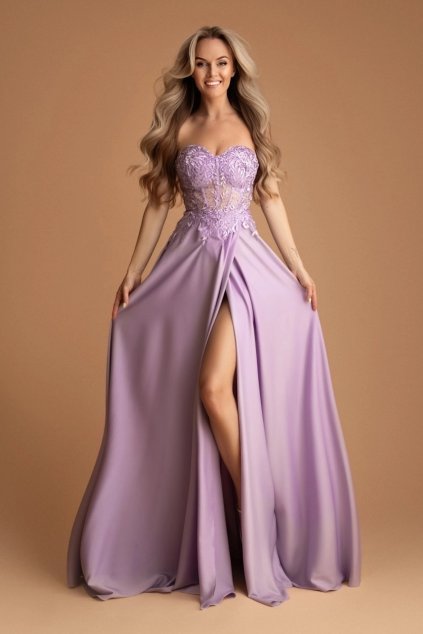 Poškodený tovar - Fialové spoločenské šaty so saténovou sukňou