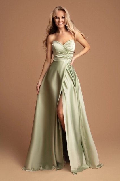 Poškodený tovar - Zelené saténové šaty s rozparkom