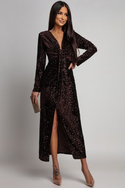 Hnedé flitrované šaty s rozparkom