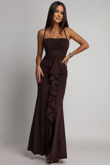 Hnedé priliehavé šaty s volánom