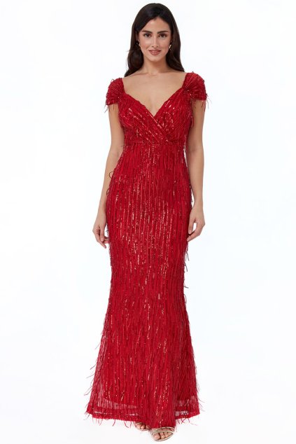 Poškodený tovar - Červené spoločenské šaty so strapcami