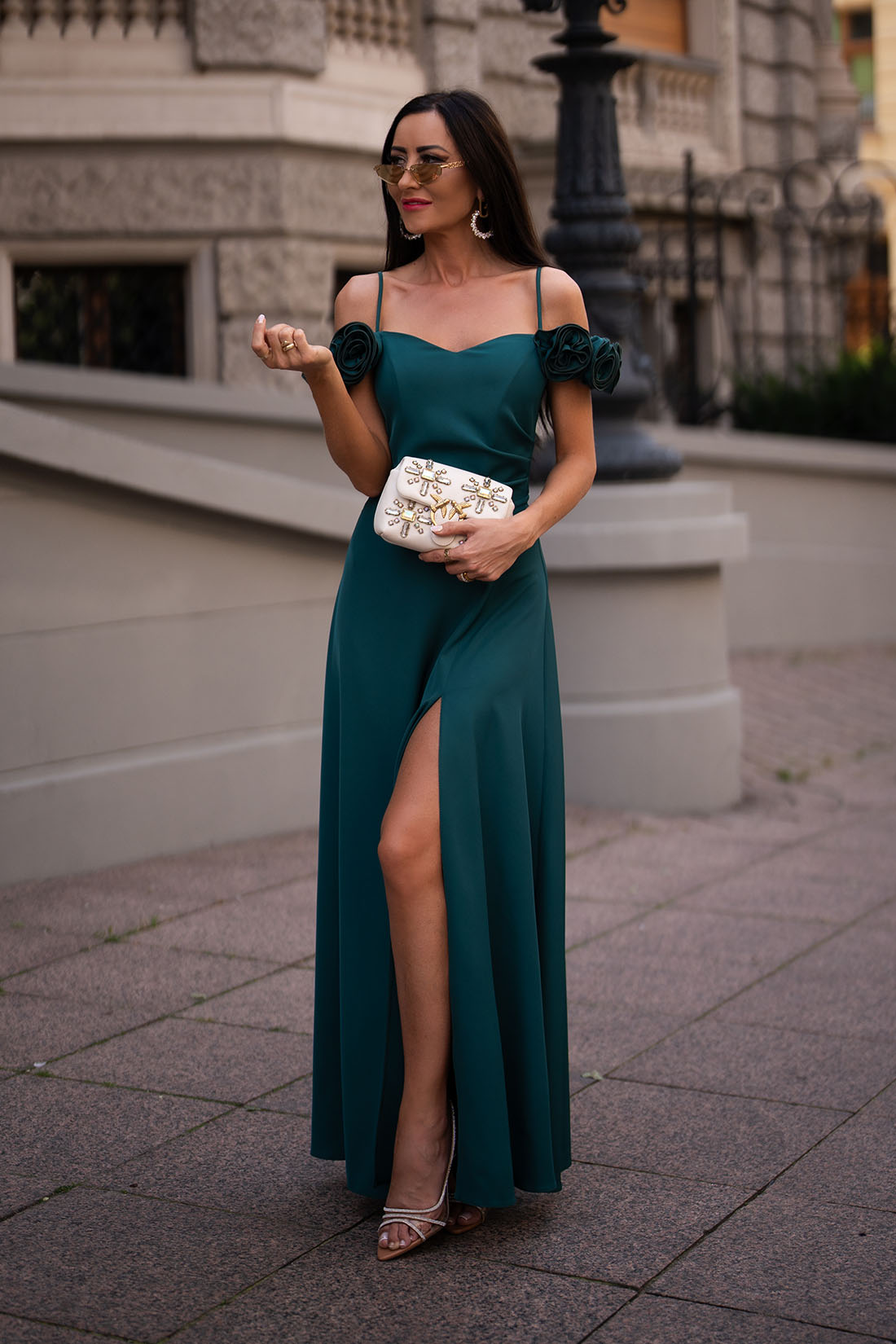 Elizabeth Collection Smaragdové spoločenské šaty s ružami Veľkosť: XS