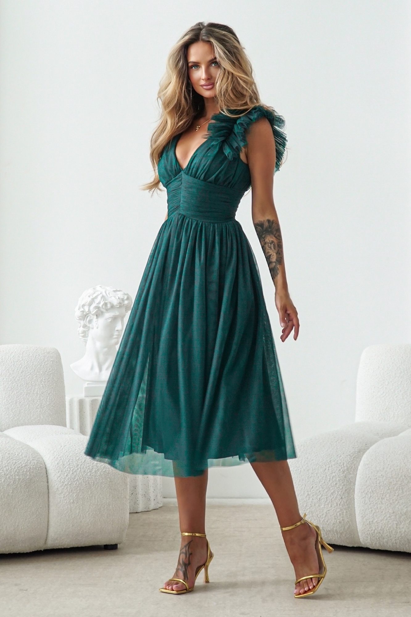 Warsaw Dress Smaragdové tylové midi šaty Veľkosť: S