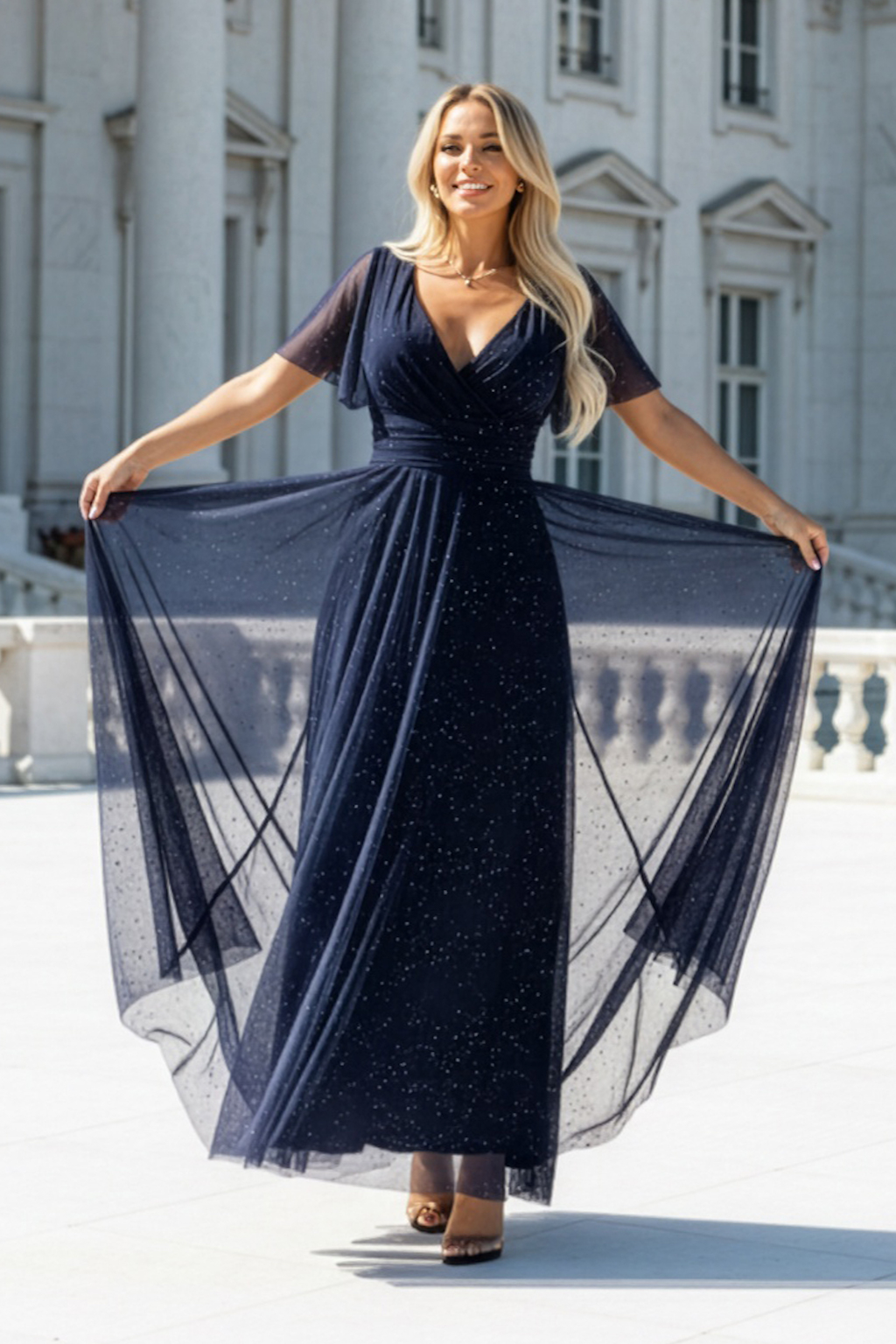 Numoco Tmavomodré tylové šaty s trblietkami Veľkosť: UNI