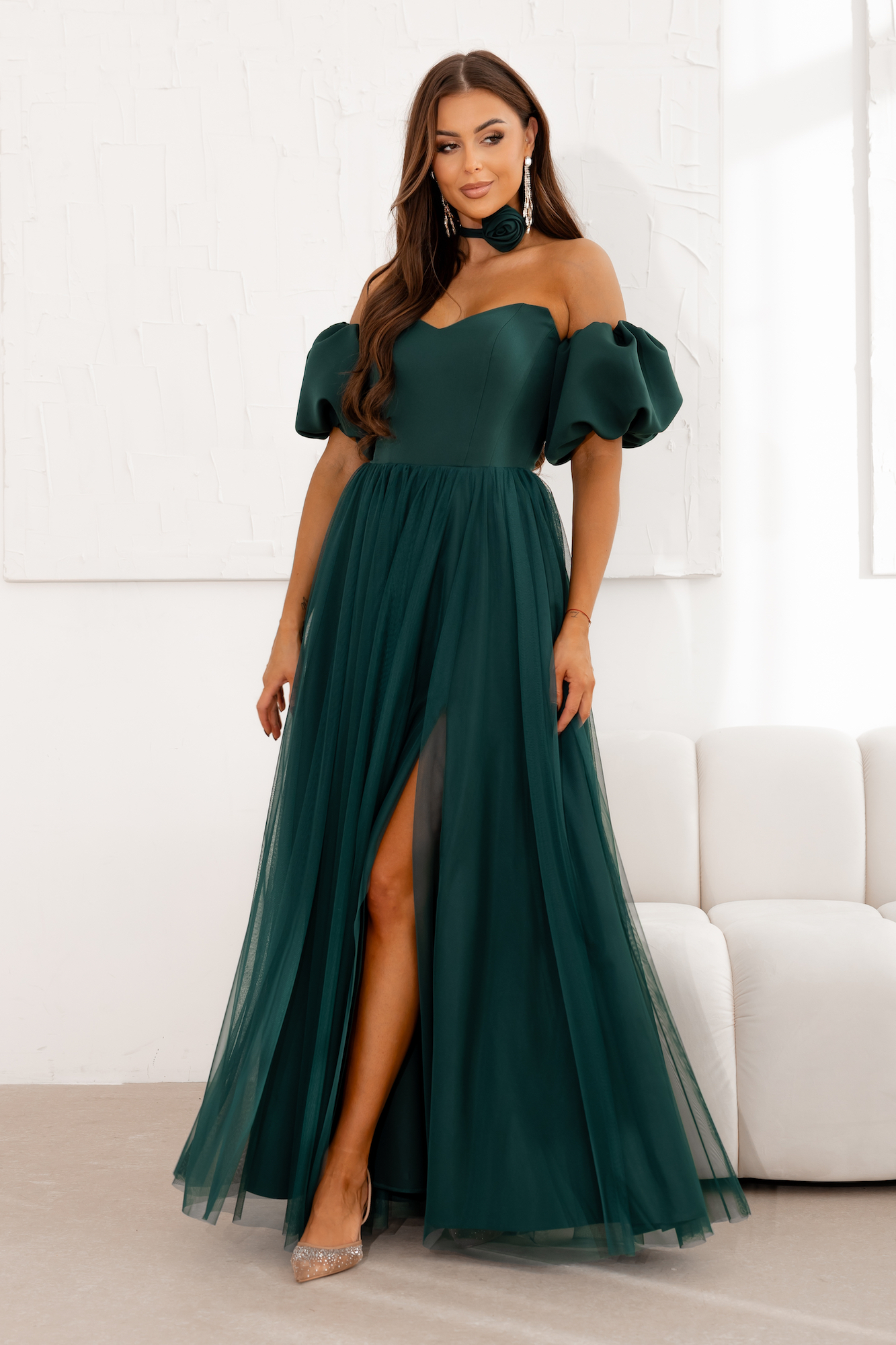 Lacoria Smaragdové spoločenské šaty s tylovou sukňou Veľkosť: L