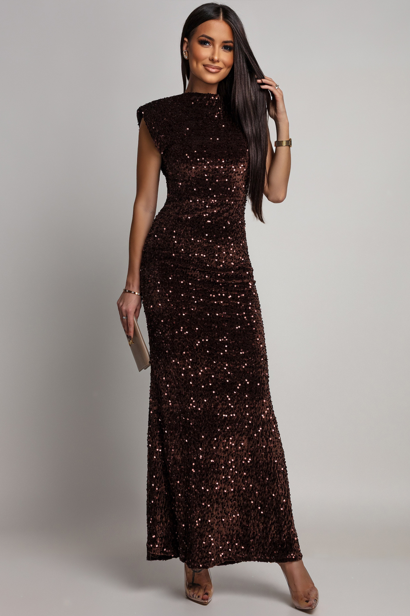 Azzurra Hnedé flitrované šaty s odhaleným chrbtom Veľkosť: UNI