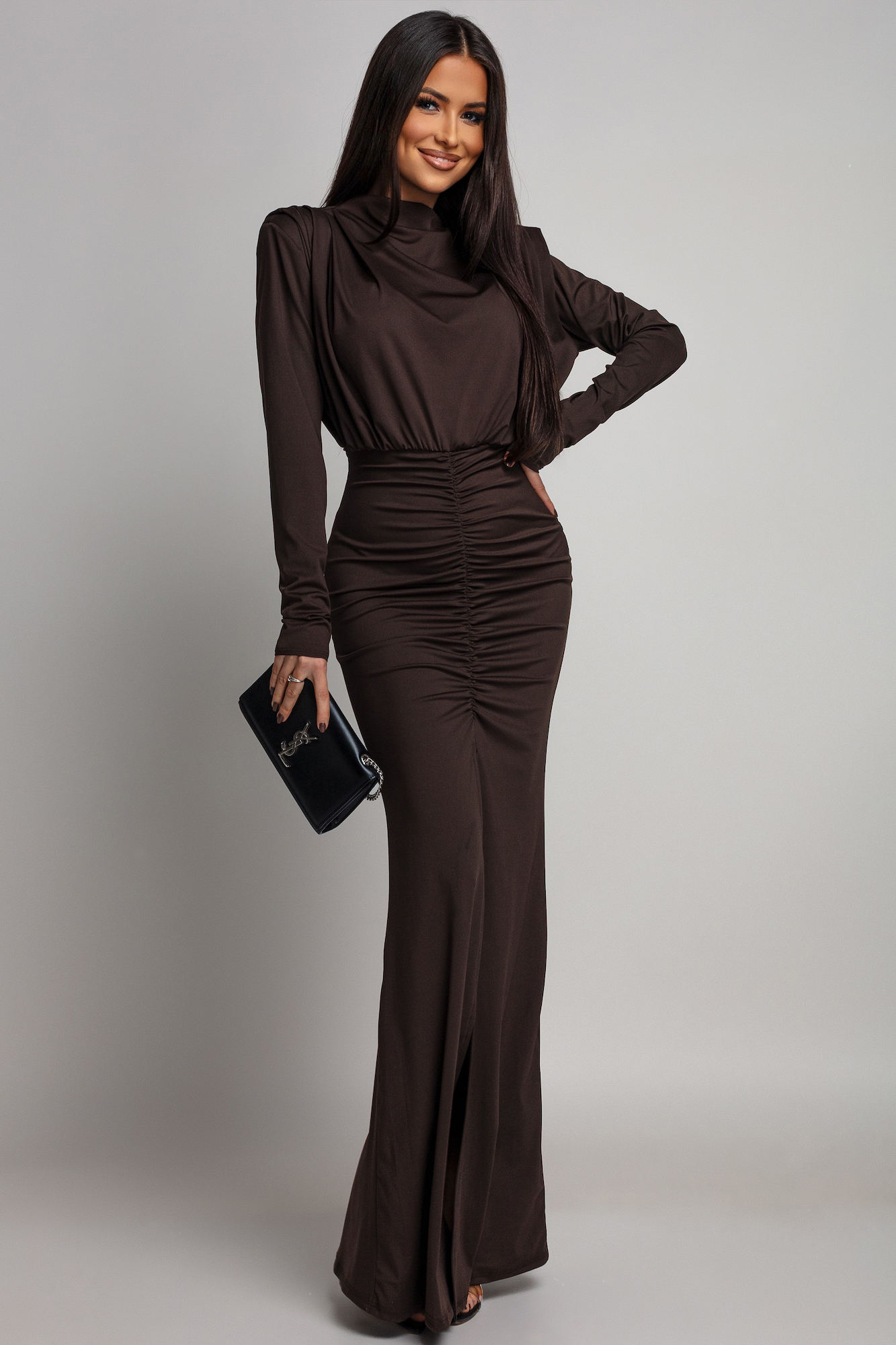 Azzurra Hnedé priliehavé šaty s rozparkom Veľkosť: UNI