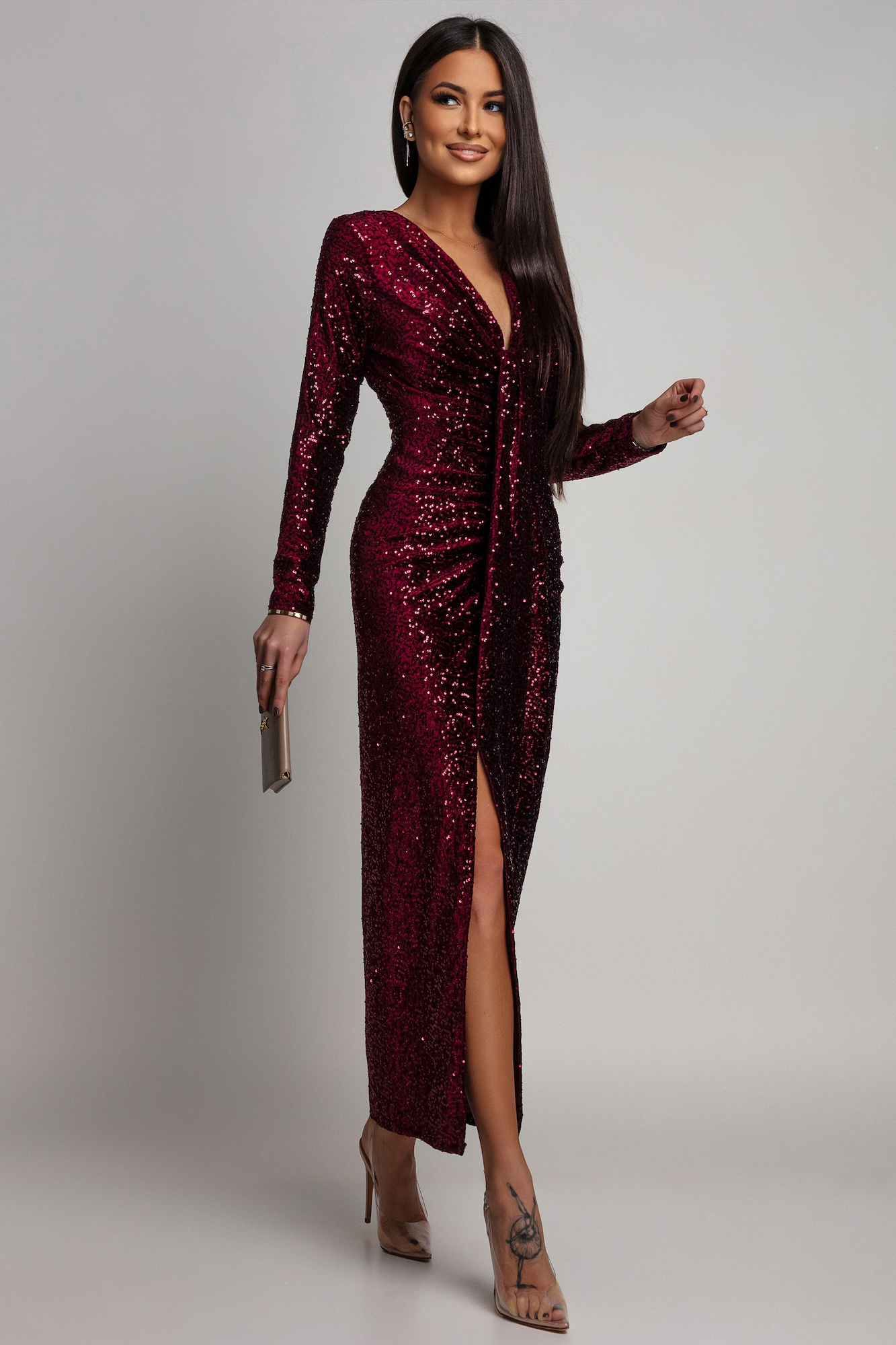 Azzurra Bordové flitrované šaty s rozparkom Veľkosť: UNI