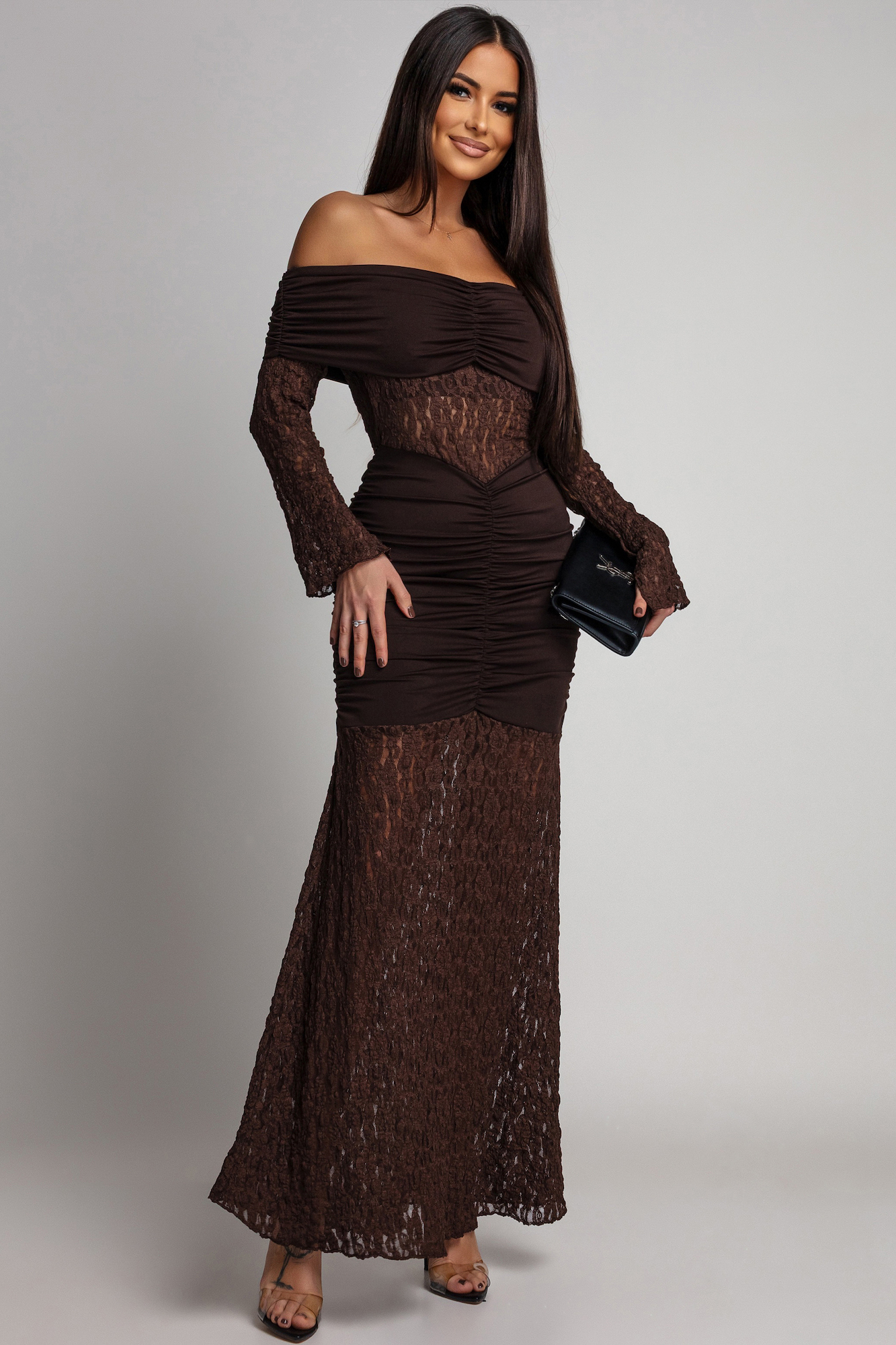 Azzurra Hnedé priliehavé šaty s čipkou Veľkosť: UNI