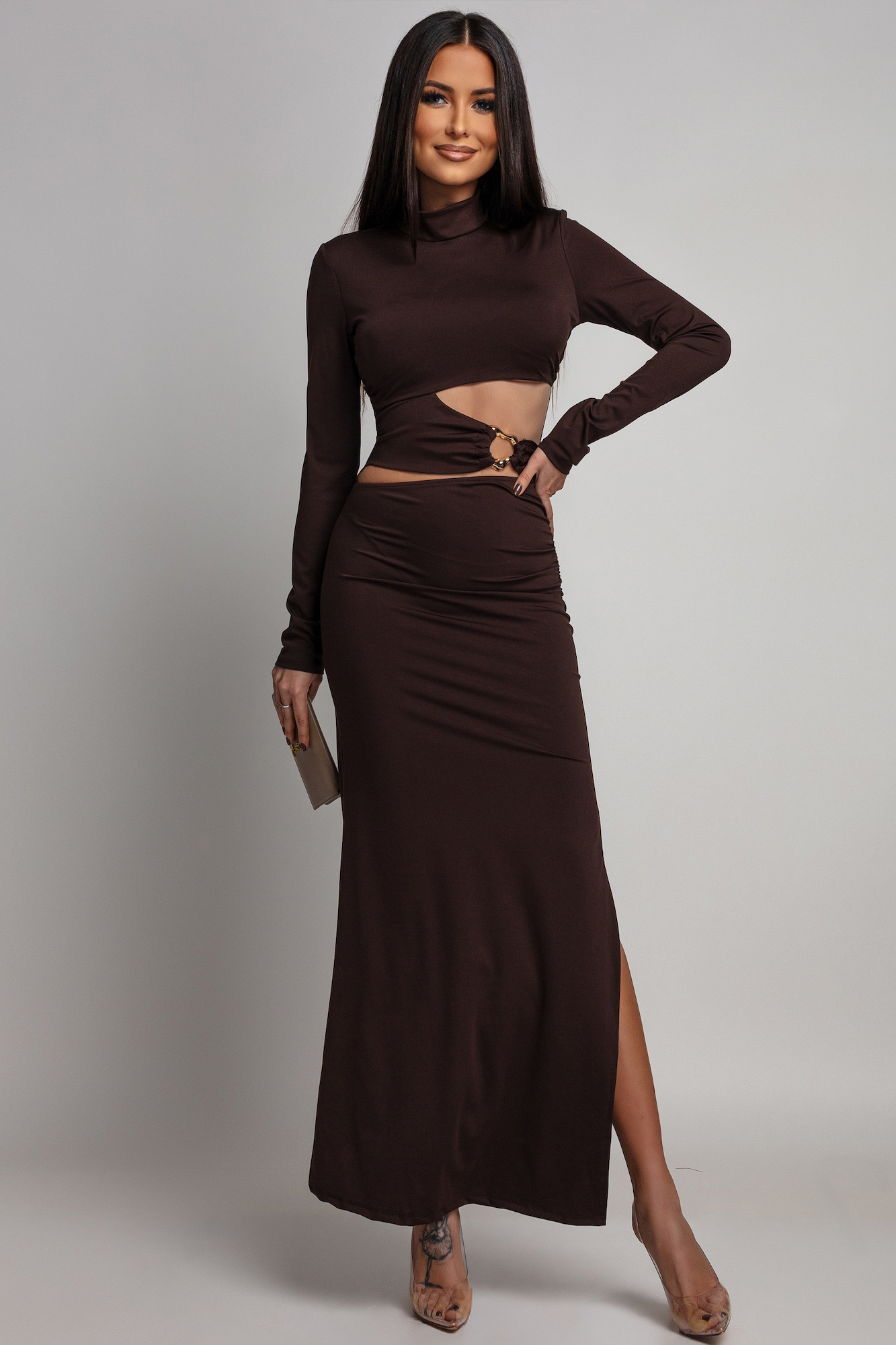 Azzurra Hnedé priliehavé šaty s výrezmi Veľkosť: UNI