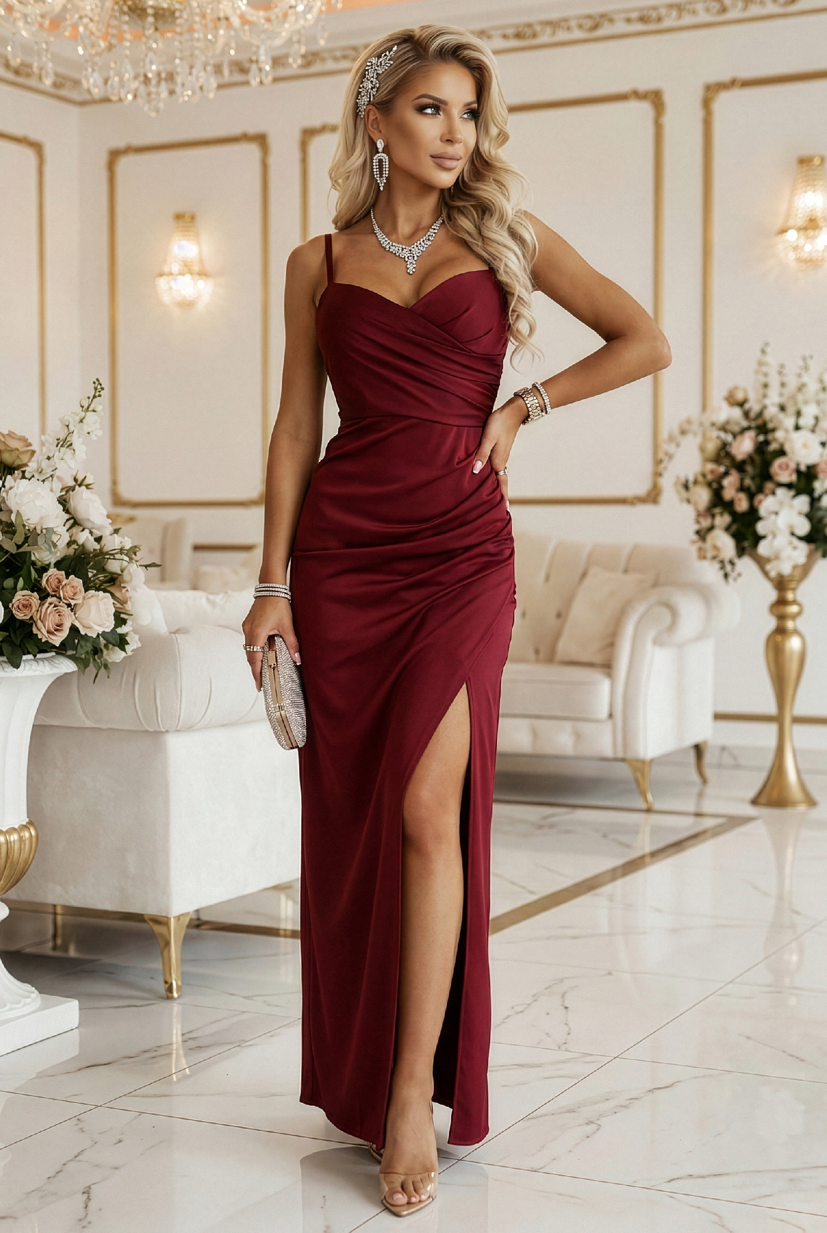 Numoco Bordové priliehavé šaty s rozparkom Veľkosť: UNI