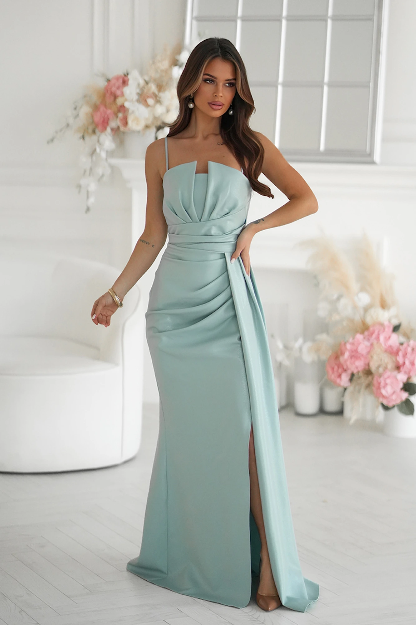 Bicotone Zelené spoločenské šaty s rozparkom Veľkosť: S