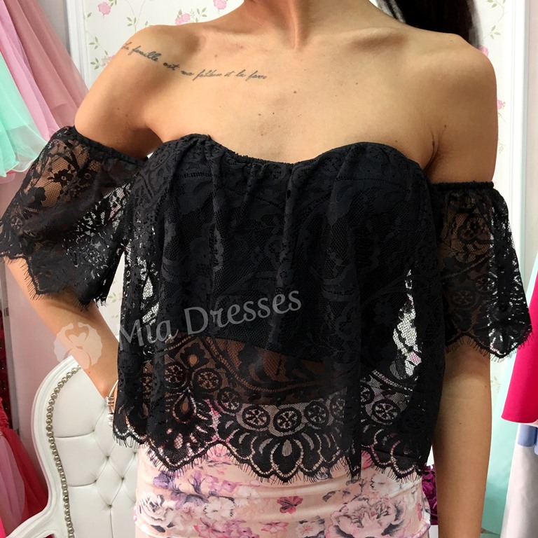 Parisse Čierny čipkovaný crop top Veľkosť: UNI