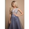 Sivomodré trblietavé šaty s krajkou a tylovou sukňou