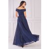Tmavomodré spoločenské šaty spustené na ramená