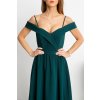 Smaragdové spoločenské šaty spustené na ramená