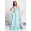 Mentolové spoločenské šaty spustené na ramená