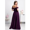 Fialové spoločenské šaty spustené na ramená