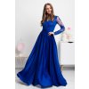 Modré spoločenské šaty s krajkou a saténovou sukňou